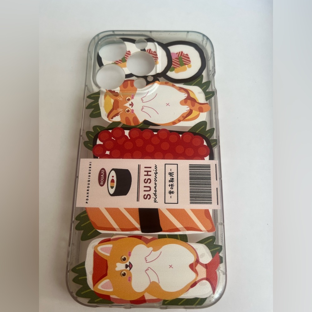 iPhone 13 Pro phone case with sushi cat and corgi on it